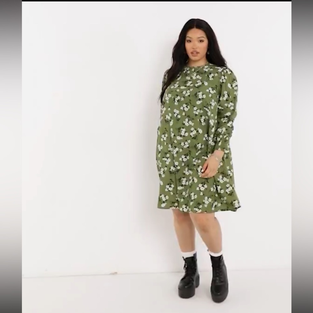 *ASOS Curves New Look Avocado Green Amelie Floral Balloon Sleeve Smock Dress #RW